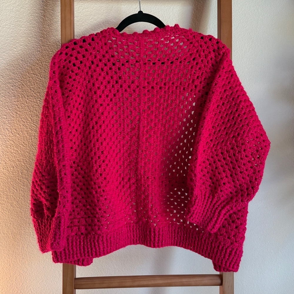Hand knit crochet, fuchsia sparkle, short cardigan - Picture 9 of 10